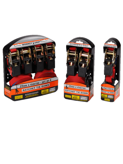 Ratchet Tie Down 25mm x 4M - 450kg 2pc AK Monkey Grip 3 Ratchet Tie Down 25mm x 4M - 450kg 2pc AK Monkey Grip